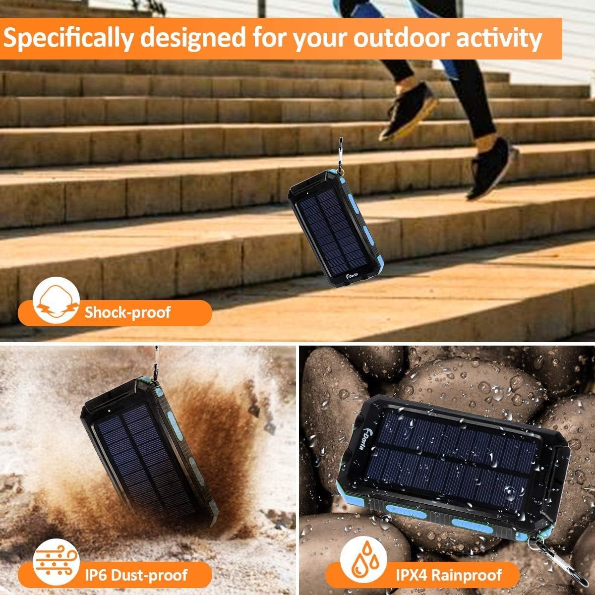 Solar Charger, 20000mAh Portable Outdoor Waterproof Solar Power Bank, Camping External Backup Battery Pack Dual 5V USB Ports Output, 2 Led Light Flashlight with Compass (Blue): Home Audio & Theater