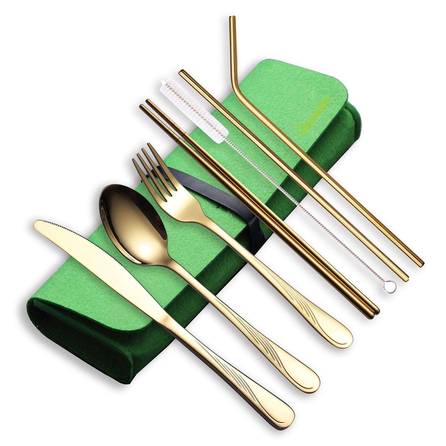 HOMQUEN Portable Utensils,Travel Camping Cutlery Set,Stainless Steel Silverware Set,Include Knive/Fork/Spoon/Chopsticks/Straws/Brush/Portable Case(Gold-8 Piece)