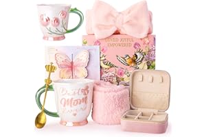 Gifts for Mom, 7Pcs Tulip Mom Gifts Set with 18Oz Pearlescent Glaze Best Mom Ever Mug，Crown Spoon，Headband，Fuzzy Socks，Jewelr