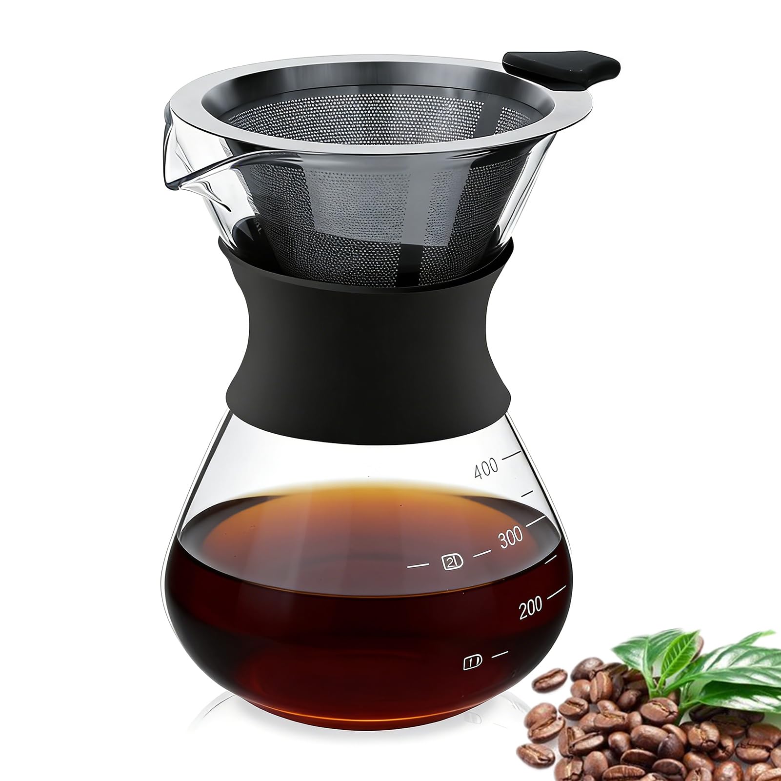 HERCHR Pour Over Coffee Maker with Reusable Stainless Steel Filter Borosilicate Glass 400ml 14.07Oz Hand Drip Coffee Maker Dripper Brewer Hold 2 Cups