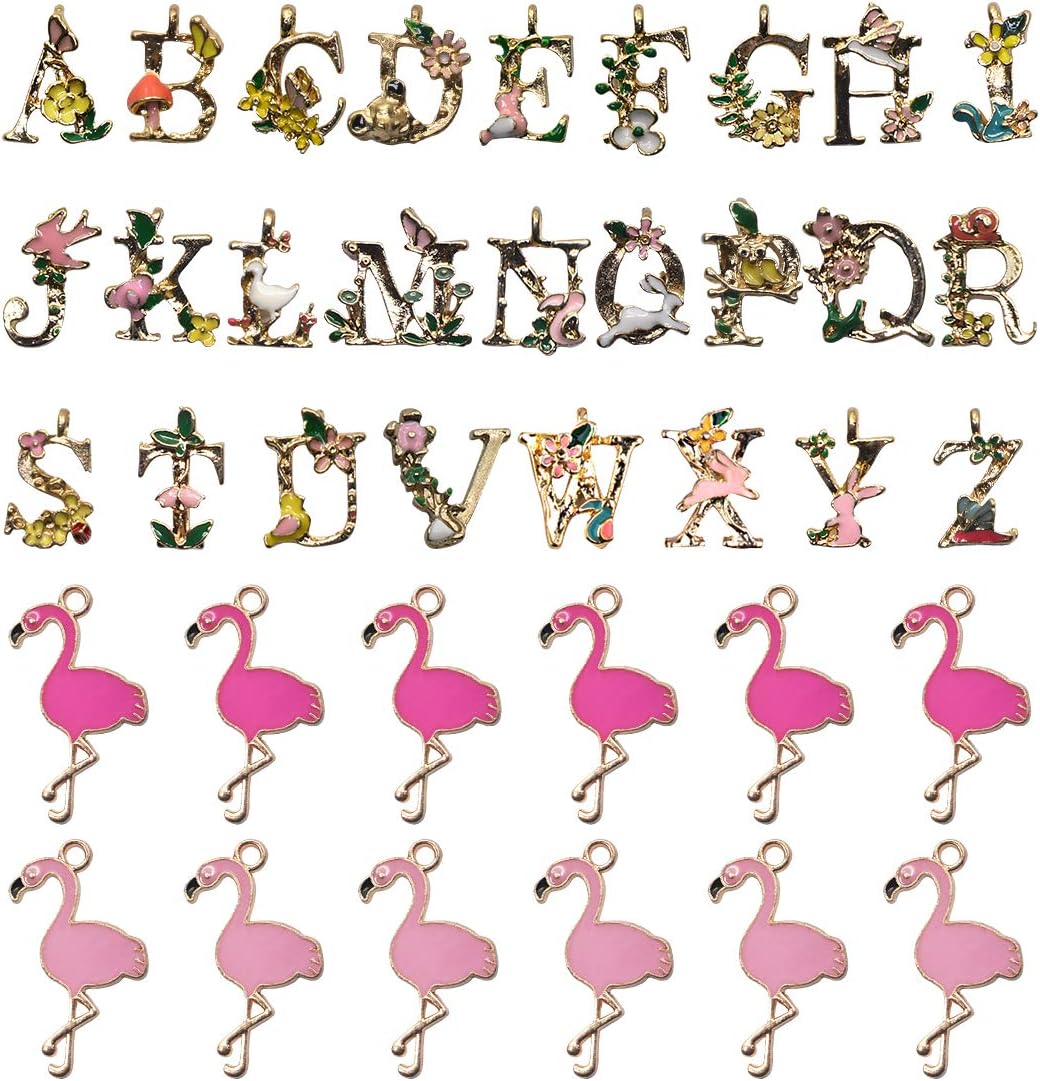 Alphabet Charms, Airelon Flower Artistic 26 Letter and Flamingo Charm Pendants Accessory for Earring Bracelet Sweater Chain Necklace Decorative