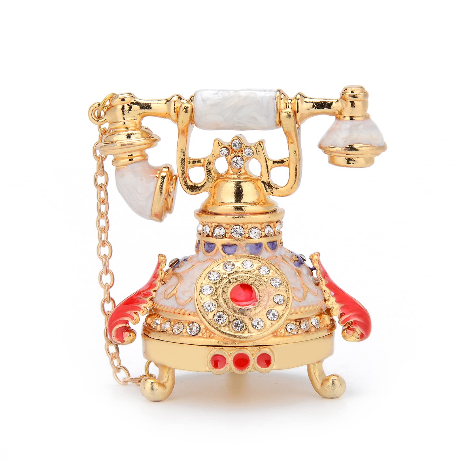 QIFU Vintage White Small Telephone Style Enameled Trinket Box Hinged, Unique Gift for Family(QF648)