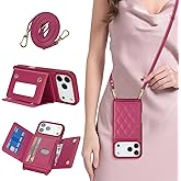 DEYHU for iPhone 17 Pro Max Case with Card Holder and Strap for Women,Crossbody Lanyard, Make Up Mirror,Snap Clasp,Cute Phone Wallet Cases 6.9 inch - Rose red