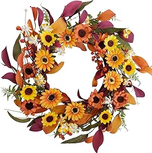 Artificial Fall Wreath Silk Sunflower Paper Flower Wreath Green and Colorful Leaves for Front Door Spring &Autumn Wreaths Farmhouse Home Office Wedding Party Wall Decor (14 in Wreath)