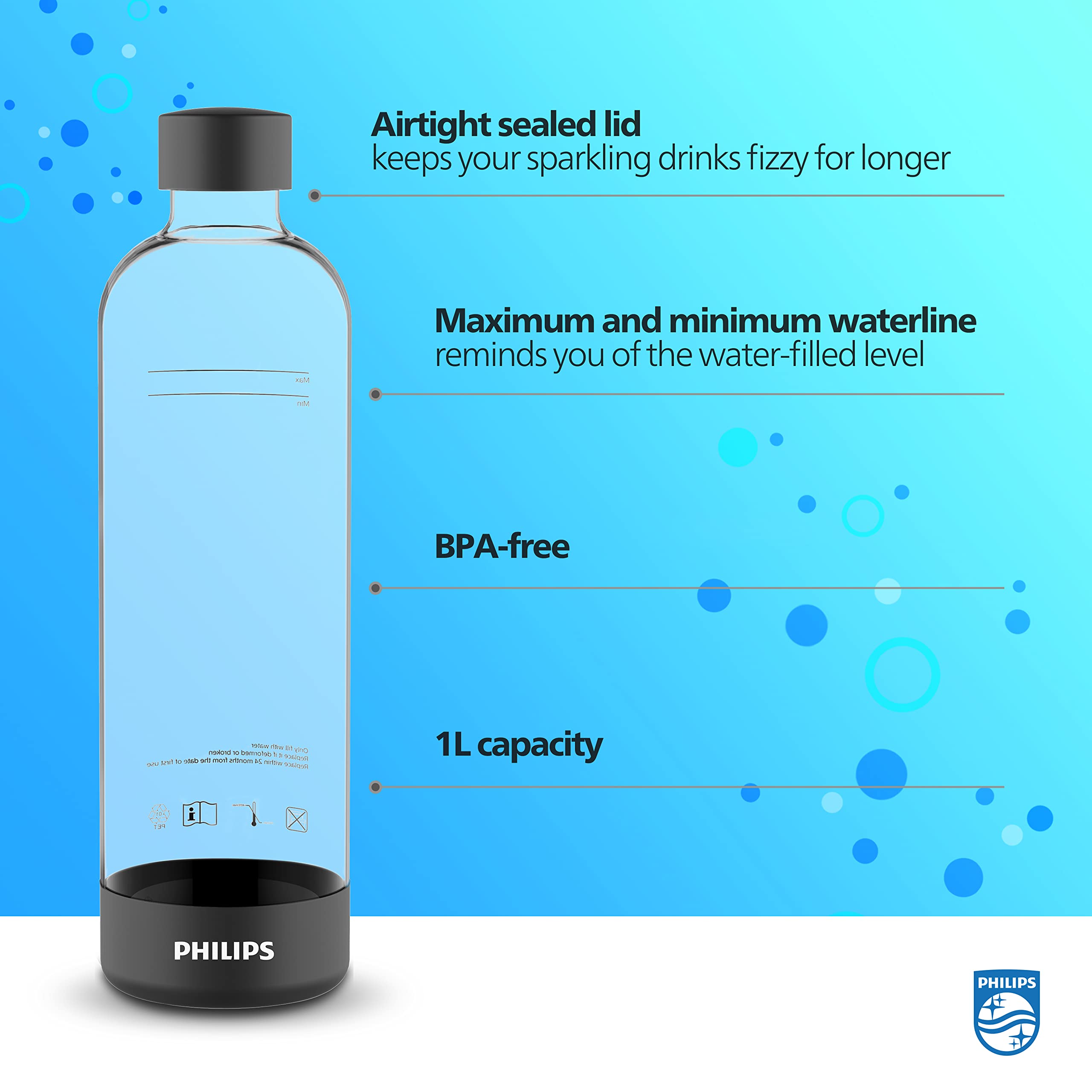 PHILIPS Carbonating Bottles ADD910BKO/37, 1L Reusable PET Sparkling Water Bottles Compatible Soda Maker for ADD4902BKO/37, ADD4902WHO/37 and ADD4901GRO/37, ADD4901BKO/37, ADD4901BLO/37, ADD4901PKO/37