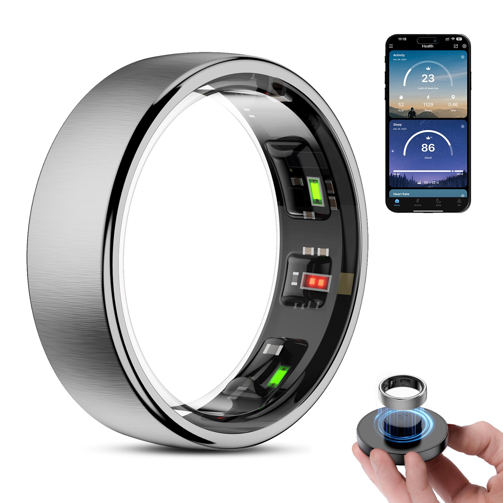 Photo 1 of **Missing**
Weyrinice Smart Ring Health Tracker, Wireless Charging Case Fitness Ring, Brushed Stainless Steel Ring with Sleep and Exercise Tracking, Compatible with iOS and Android (Silver, 10)