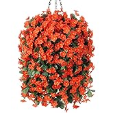 MJFloria Artificial Fake Fall Hanging Flowers Plants Baskets for Outdoor Outside, Faux Silk Autumn Orange Daisy Mums Trailing Vines in Planter Realistic UV Resistant for Balcony Porch Decor