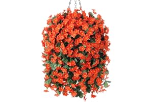 HYEFLORA Artificial Fake Hanging Flowers Plants Baskets for Spring Outdoor Outside, Faux Silk Orange Orchid in Planter UV Resistant for Home Outside Porch Garden Yard Patio Decor