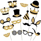 Premium Birthday Photo Booth Props Kit, 16 Black &amp; Gold (No Glitter), Durable &amp; Easy-to-Use Photobooth Props Signs for Memorable Photos &amp; Unforgettable Celebrations by PixiPy