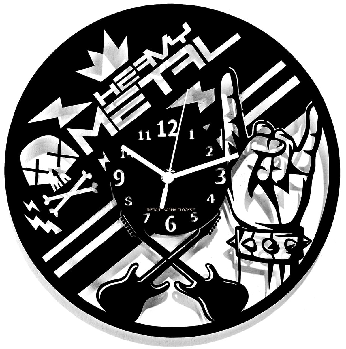 Instant Karma Clocks | Heavy Metal Wall Clock with Rock Hand and Guitar Art | Silent No-Ticking | Perfect for Bedroom, Office, Studio, Cabin, Living Room | Unique Decoration