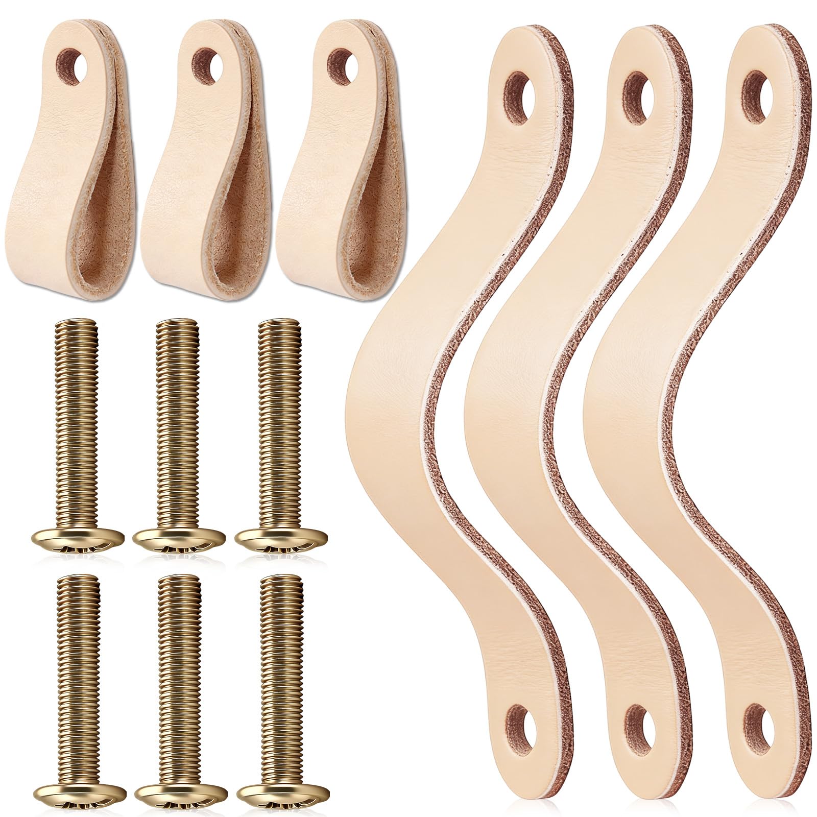 Zhenp Pack of 6 Soft Leather Handles, with Screws, 2.44 x 0.94 Inches, Single Hole, Nordic Style, Drawer Door Handles, Leather Pull Handles, Genuine Leather Handles, Kitchen Leather Handles, for