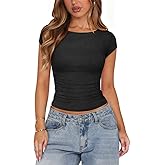 Boat Neck Cap Sleeve Tops for Women Fitted Double Lined Top Mesh Ruched Tight Shirts Womens Clothes