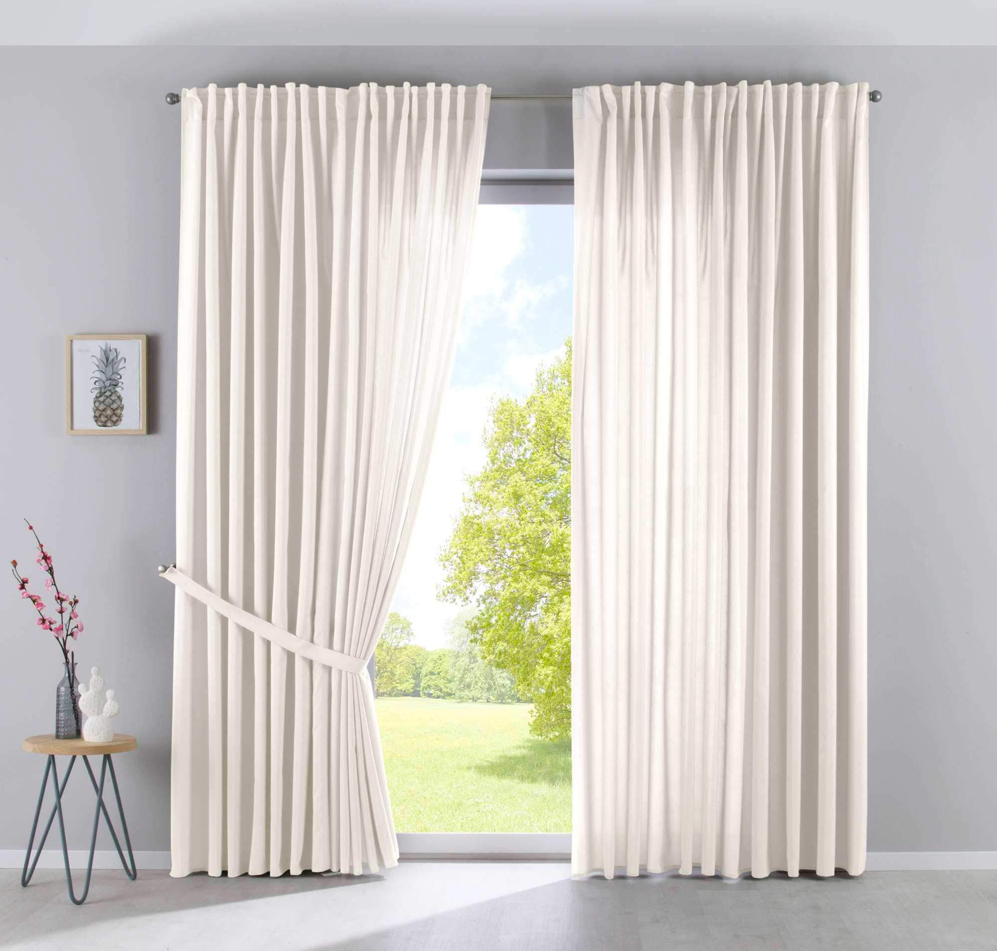 Gardinenbox Set of 2 Cationic JENA curtains, concealed loops, 250 x 300 cm, cream opaque, linen look, curtains, mottled curtain band with tiebacks, 2019037-2