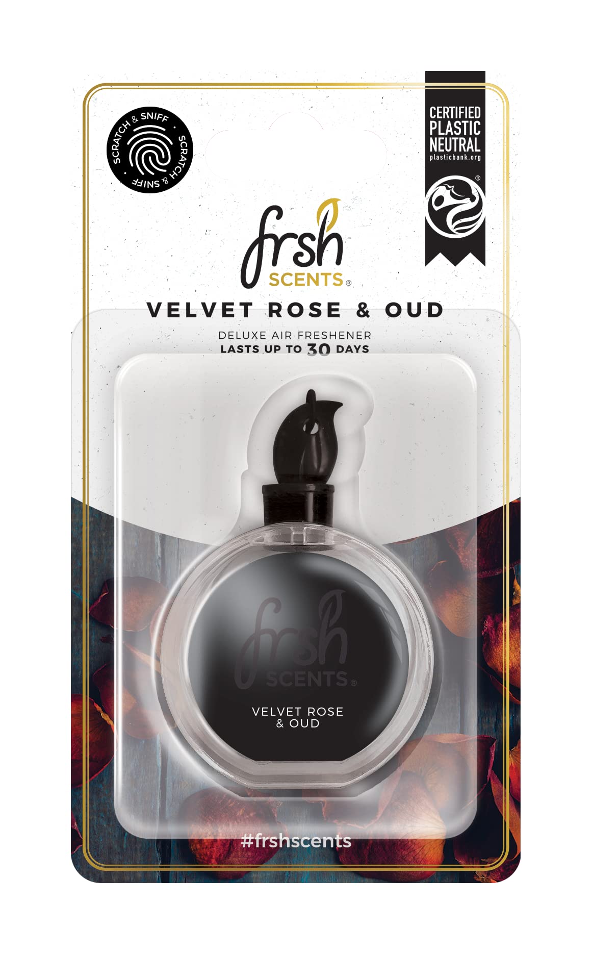 FRSH Scents FR8630 Velvet Rose & Oud Hanging Deluxe 3D Bottle Air Freshener - Lifespan of up to 30 Days - Ideal for rear-view mirrors and hanging handles - Single Pack,Black