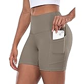 CHRLEISURE Womens Biker Yoga Shorts with Pocket, High Waisted Tummy Control 5 Inch Workout Spandex Athletic Gym Shorts