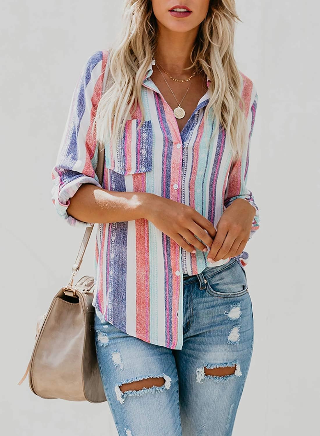 Astylish Women V Neck Striped Roll up Sleeve Button Down Blouses Tops at  Women’s Clothing store