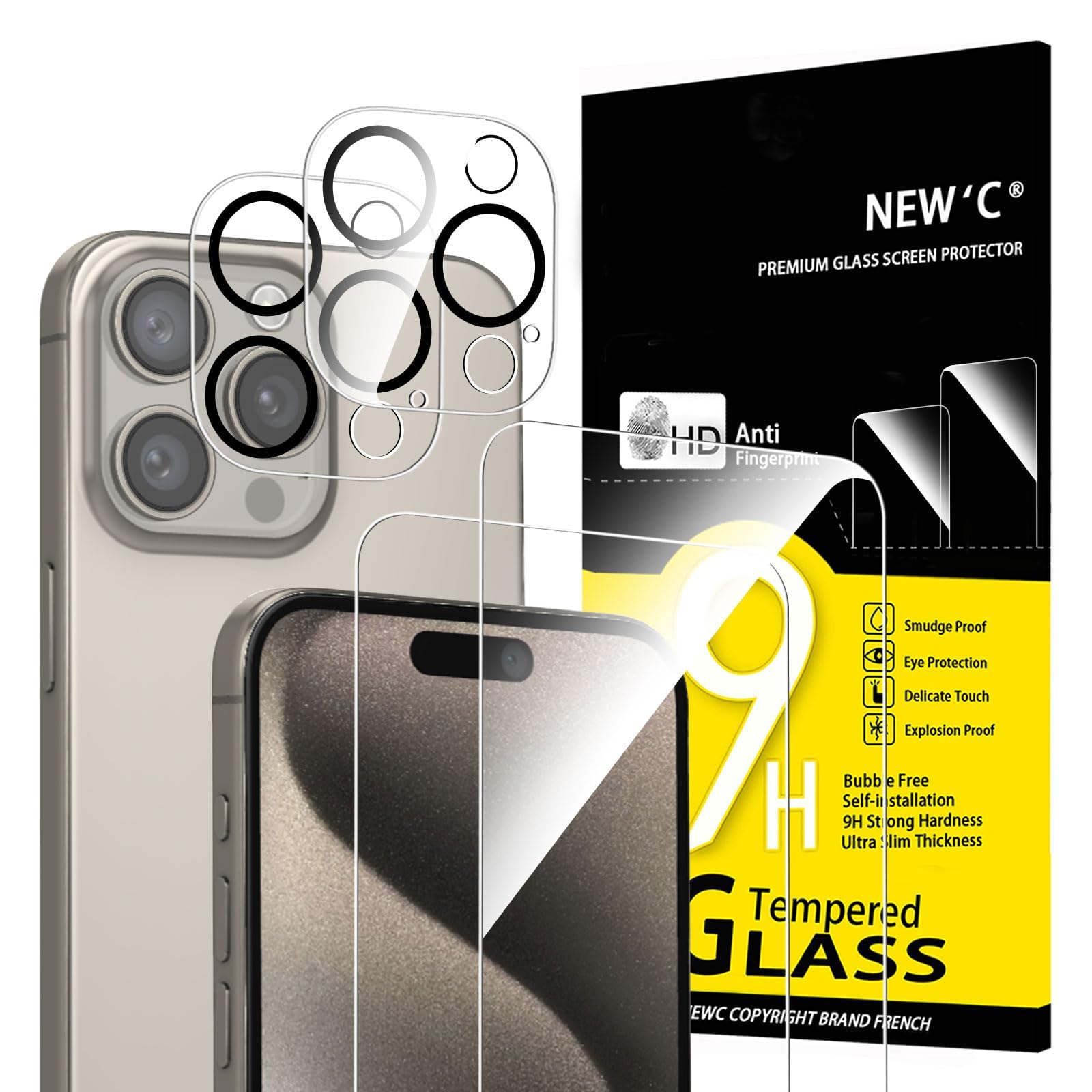 NEW'C 4 Pack, 2 Pack for iPhone 15 Pro Max Screen Protector (6.7 inch) + 2 Pack Camera Lens Protector, Sensor Protection,Case Friendly Tempered Glass Film