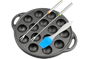 LNQ LUNIQI Escargot Dish Cast Iron Takoyaki Mushroom Plate with 15 Compartment Holes, Octopus Ball Maker with Forks and Brush