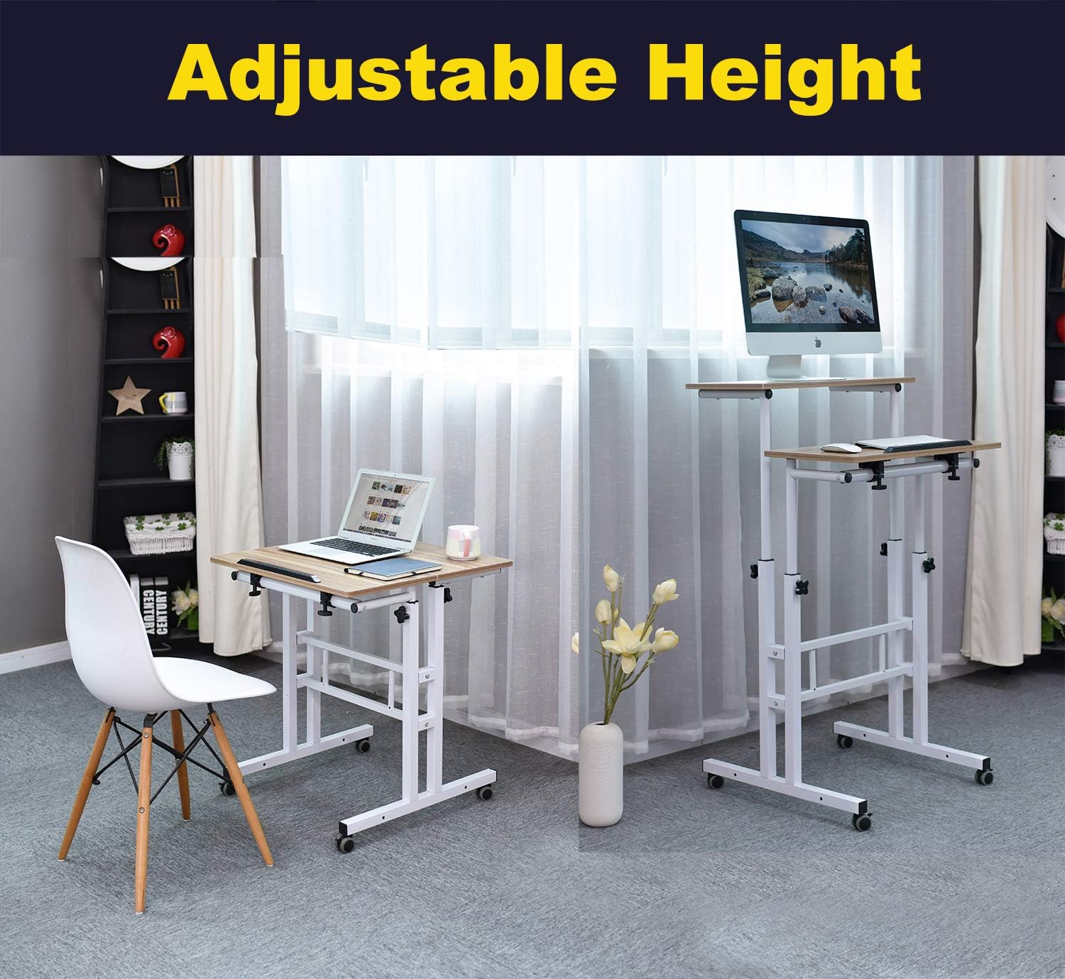 AIZ Mobile Standing Desk, Adjustable Computer Desk Rolling Laptop Cart on Wheels Home Office Computer Workstation, Portable Laptop Stand for Small Spaces Tall Table for Standing or Sitting, Oak: Kitchen & Dining