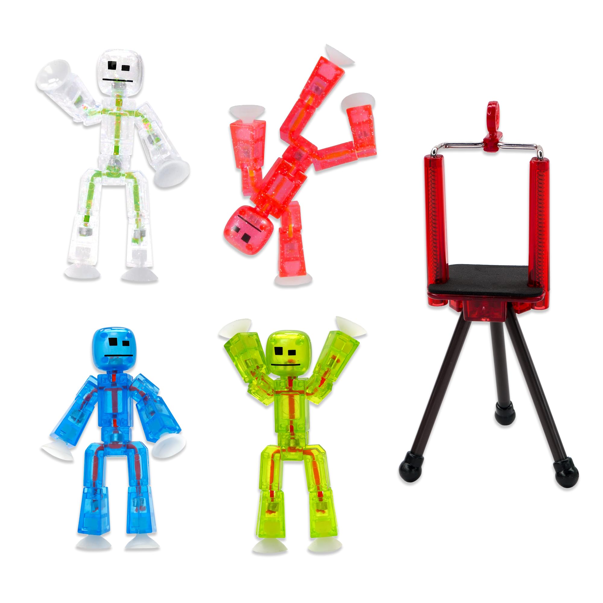 Zing Stikbots, juego de 4 figuras de acción transparentes de Stikbot y trípode para teléfono móvil, juguetes de animación Stop Motion, ideal para niños de 4 años en adelante