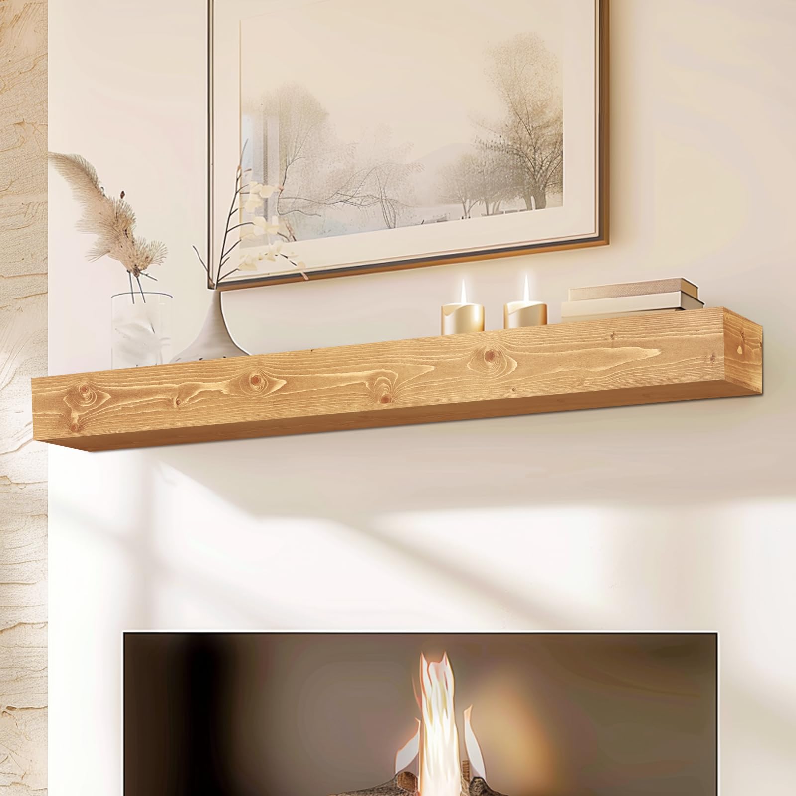 Photo 1 of ABSWHLM 60x8x5 Fireplace Mantel - Handcrafted Rustic Solid Wood Wall Mounted Floating Shelf with Invisible Heavy Duty Wood Bracket (Natural)