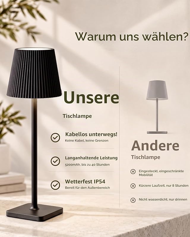 Kabellose LED Tischlampe Akku Tischleuchte Schwarz VELA TL02
