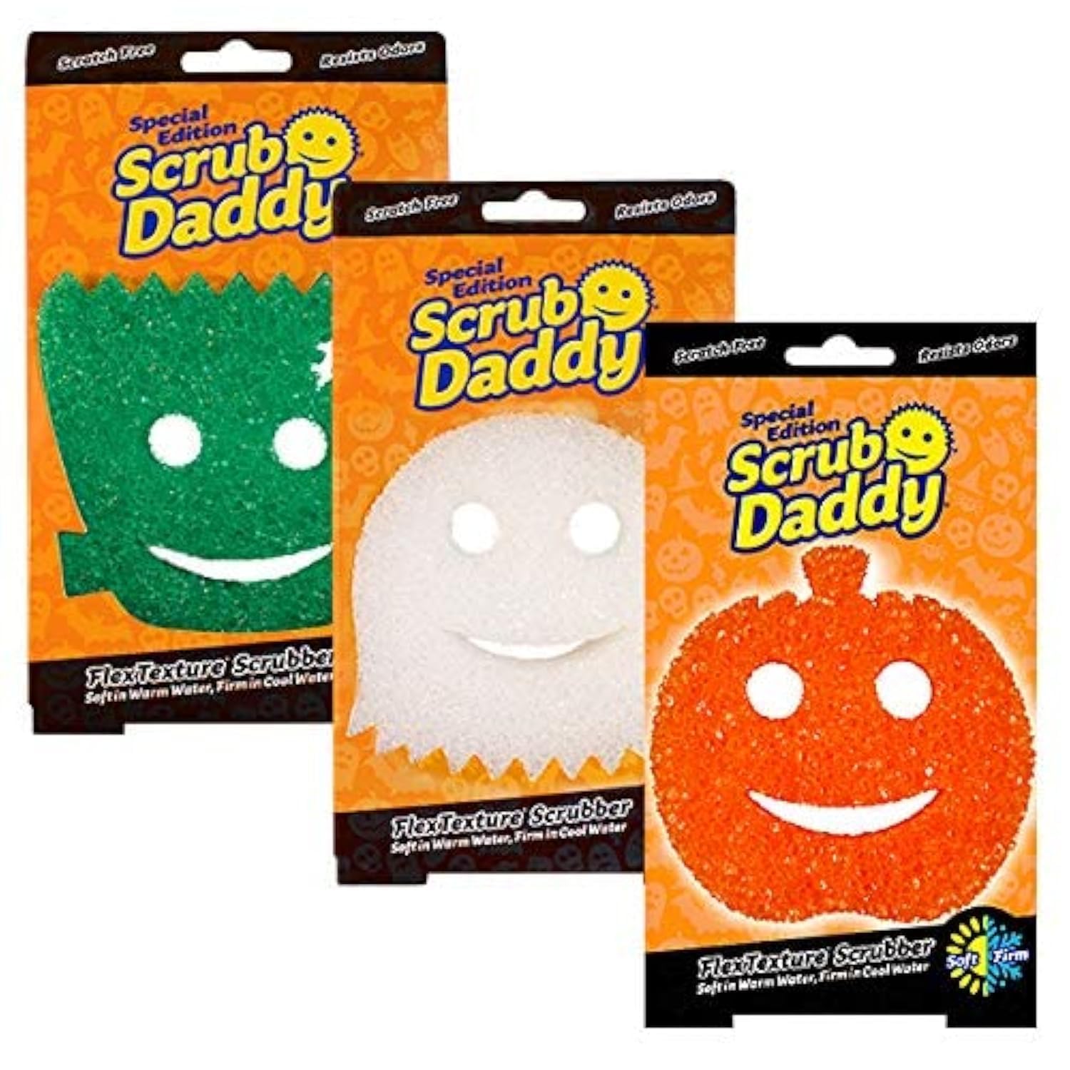Scrub Daddy Halloween Kitchen Sponges, Dish Sponges for Washing Up, Texture Changing Washing Up Sponge, Non Scratch Dish Scrubber, Odour Resistant Bathroom Cleaning Products, Dishwasher Safe, 3 Pack