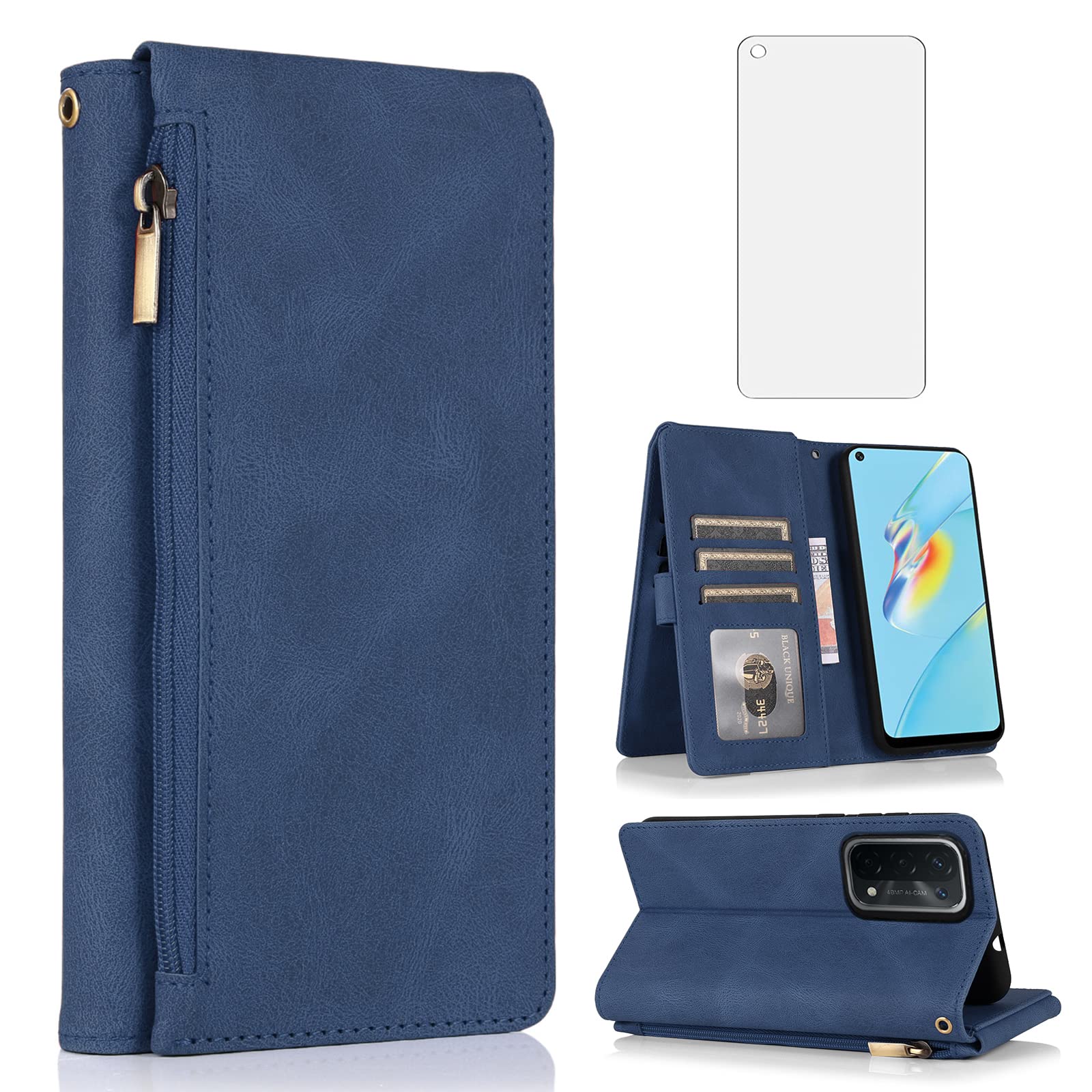 Asuwish Compatible with OPPO A74 5G/A54 5G Wallet Case Tempered Glass Screen Protector and Zipper Retro Leather Flip Cover Card Holder Stand Cell Accessories for OPPO A93 5G/A93S 5G Women Men Blue