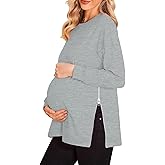 Women's Maternity Shirts Long Sleeve Sweatshirt Zipper Split Side Pregnancy Casual Tunic Top