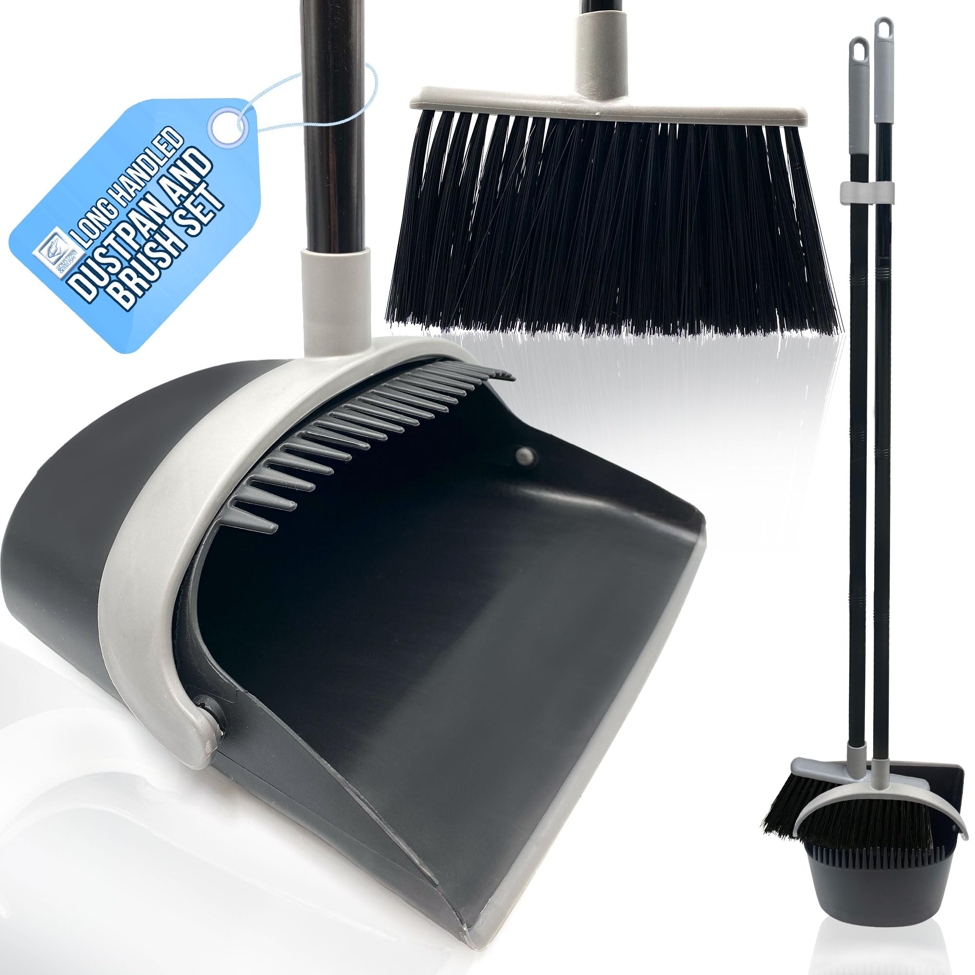 Long Handled Dustpan and Brush Set Lobby Dust Pan with Long Handle Sweeping Broom (Grey/Silver)