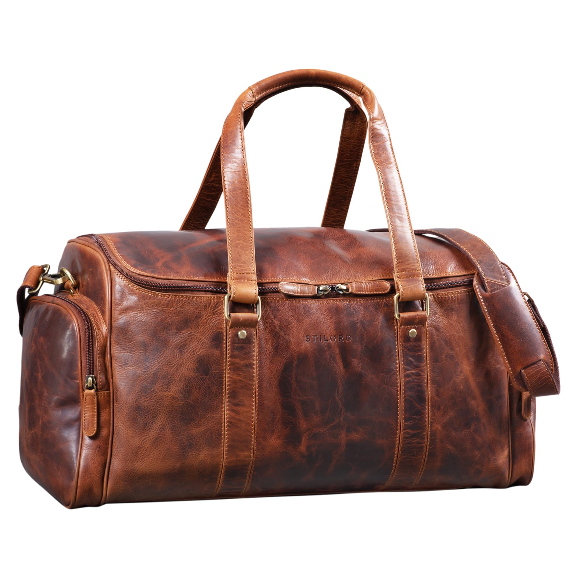 STILORD STILORD 'Myles' Vintage Leather Travel Bag for Men | Large XL Genuine Leather Luggage | Weekender with Shoulder Strap and Overnight Duffle Bag Colour:Kara - Cognac