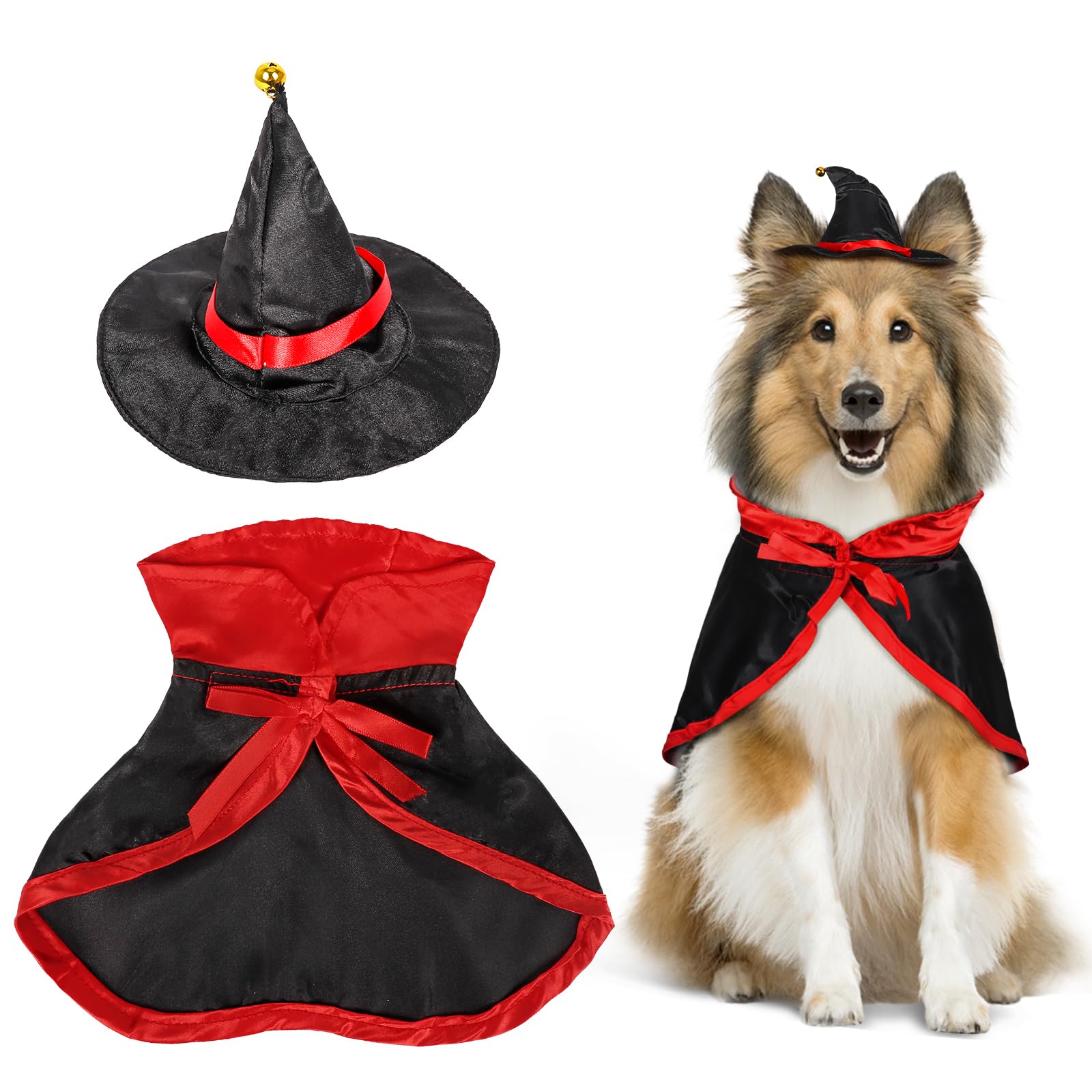 Pet Wizard Costume Cape with Witch Hat for Small Medium Dogs Cats - Halloween & Christmas Outfits (Red, M)