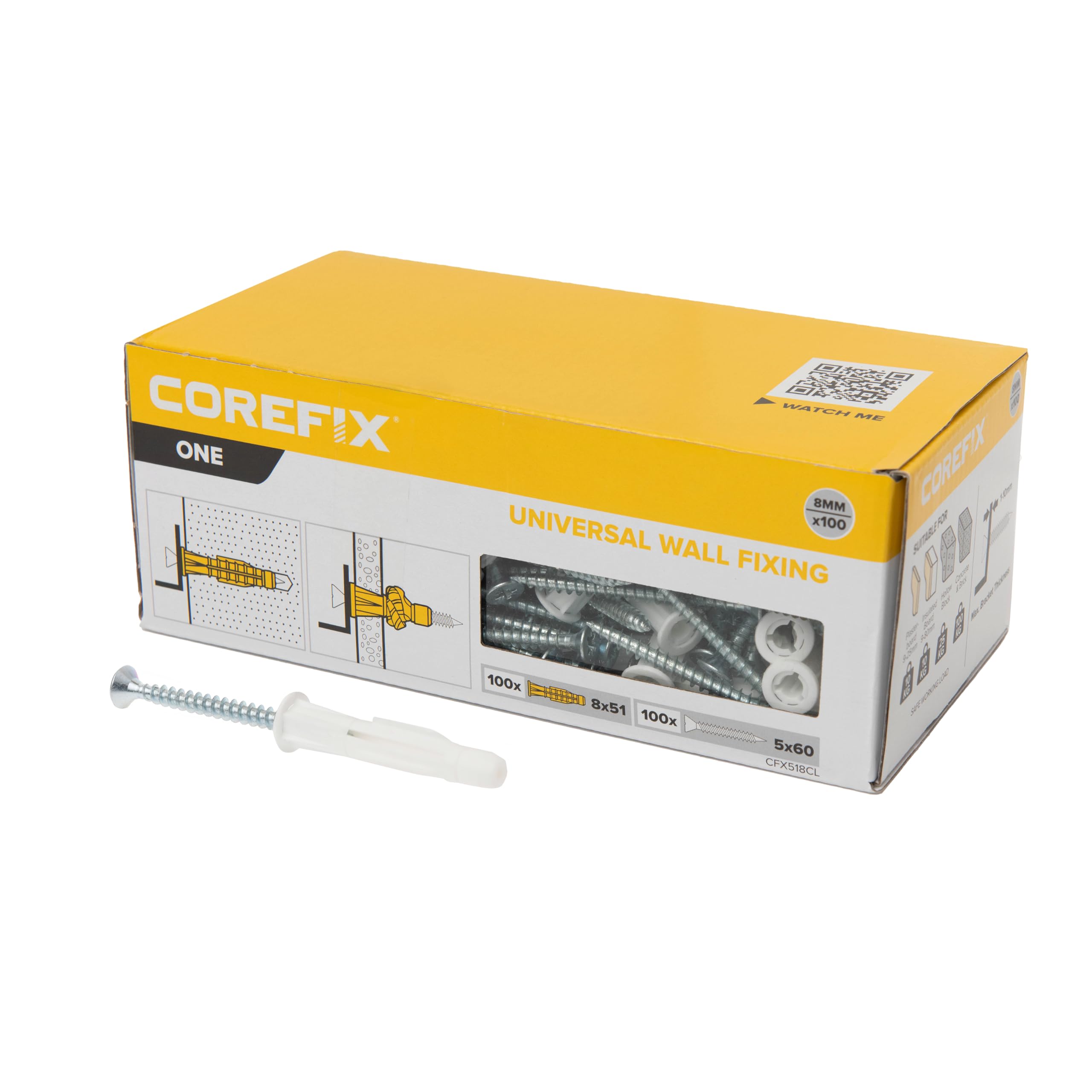 Corefix ONE Universal Wall Plugs & Screws Pack of 100, Heavy Duty (100kg in masonry) Wall Fixing Suitable or All Wall Types. Perfect For Mounting Shelves, Hanging TV's And Securing Cabinets