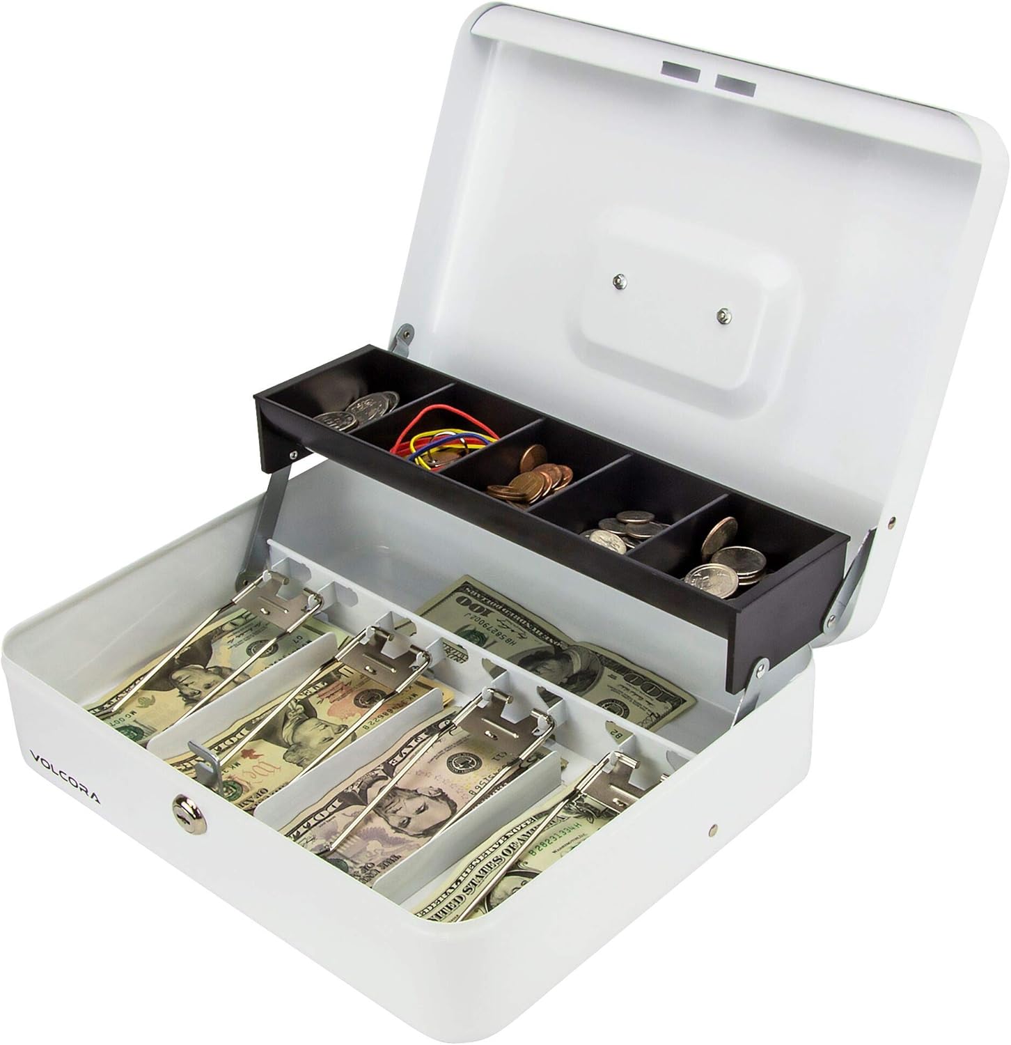 White Steel Cash Box with Safe Key Lock Tiered Money Coin Tray and