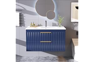 Buytime 30" Bathroom Vanity with Sink, Floating Vanity Bathroom Sink Cabinet Wall Mount, Soft-Close Function 2 Large Drawers, Grooved Stripe Design, Hidden Damping Drawers, Blue