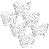GWHOLE White Cupcake Wrappers, 50pcs Cupcake Liners with Rose Design Laser Cut Liners for Wedding Birthday Baby Shower Party Decorations Fancy Small Cupcake Decorations, Pearl Off-White