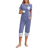 Namatime Womens Cotton Pajama Set Stripe 2 Piece Lounge Set Short Sleeve Capri Pj Set Comfy Loungewear Sleepwear with Pockets