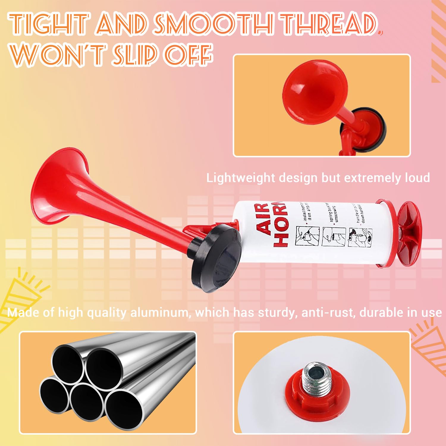 Handheld Air Horn, Noise Makers for Sporting Events, Aluminum Super Loud Football Noise Maker Air Pump Sports And Marine Signal Safety Alarm Horns for Boating, Hiking, Sports Events, Birthday Parties