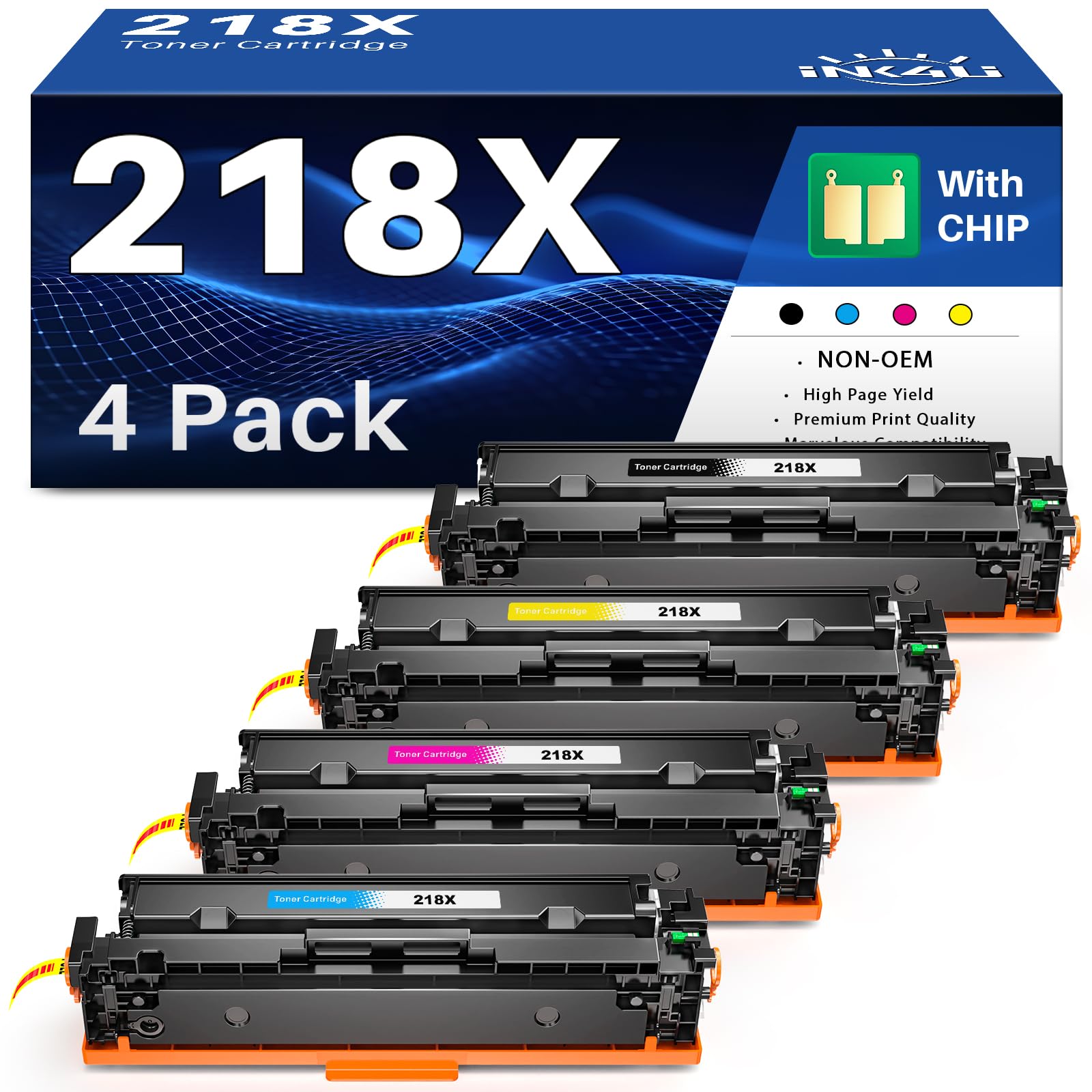 Photo 1 of 218X Toner Cartridges 4 Pack (with Chip) Compatible Replacement for HP 218X W2180X 218A W2180A Toner for HP Color Laserjet Pro 3201dw, MFP 3301cdw, 3301fdw, 3301sdw Printer (B/C/M/Y, High-Yield)