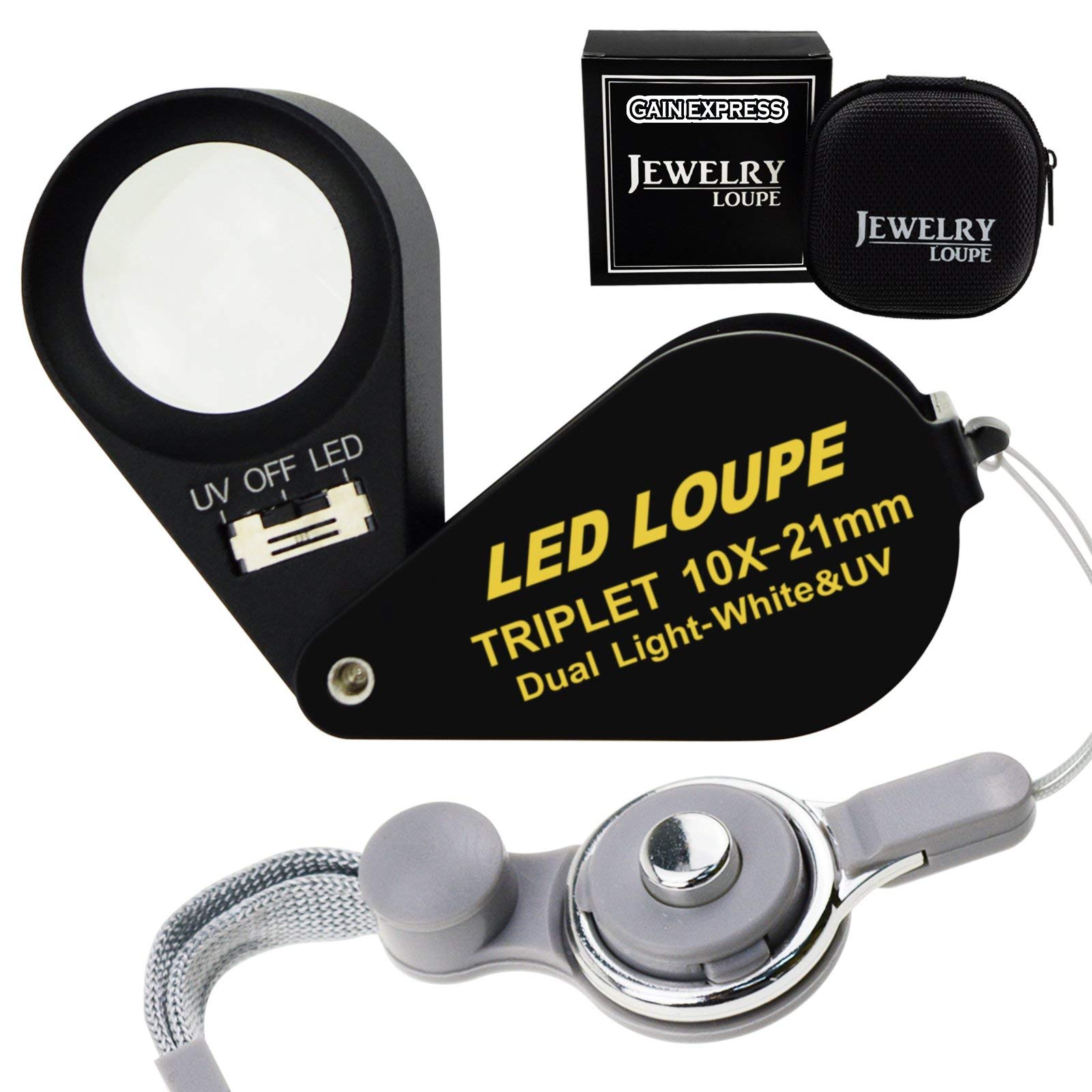 Illuminated Jewelers Loupe Magnifier, Foldable Jewelry Magnifier with 6 LED & UV Lights, Hastings Triplet Loupe 10X for Gems, Jewelry, Coins, Stamps, etc