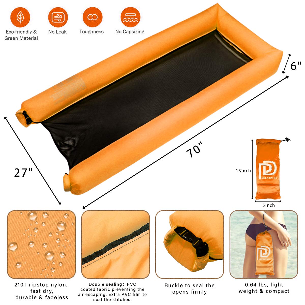 Dreampark Inflatable Water Hammock Pool Floats Portable Floating Lounger Chair for Adults & Kids, Summer Swimming Pool Beach Travel Accessories, 440lb Capacity Fast Inflated-Orange