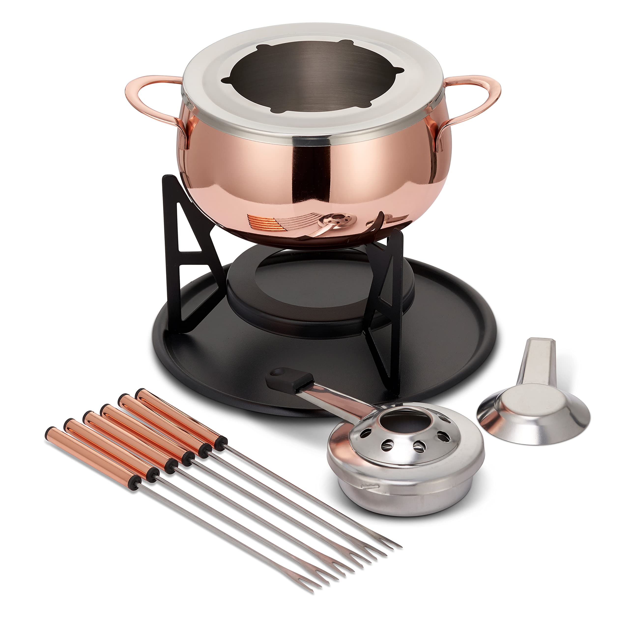 Oak & Steel - Stainless Steel Rose Gold Fondue Gift Set for Cheese, Chocolate, Meat Broth with Forks - 6 Person
