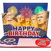 Donald Trump Pop Up Birthday Card with Real Voice, Lights & Music - Mount Rushmore Scene with Light Up Fireworks, Funny Political Birthday Card for Dad, Republican Gag Gift, Patriotic Design