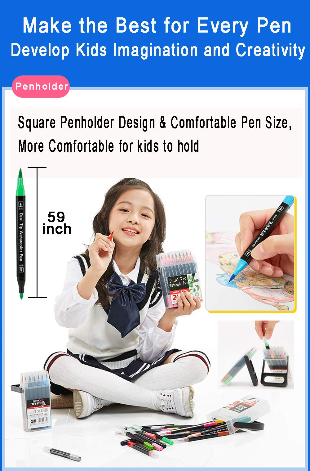 Dual Tip Markers for Kids, Washable Markers Set, Art Marker with Stand Portable Box, Gift For Kids (24 Colours)