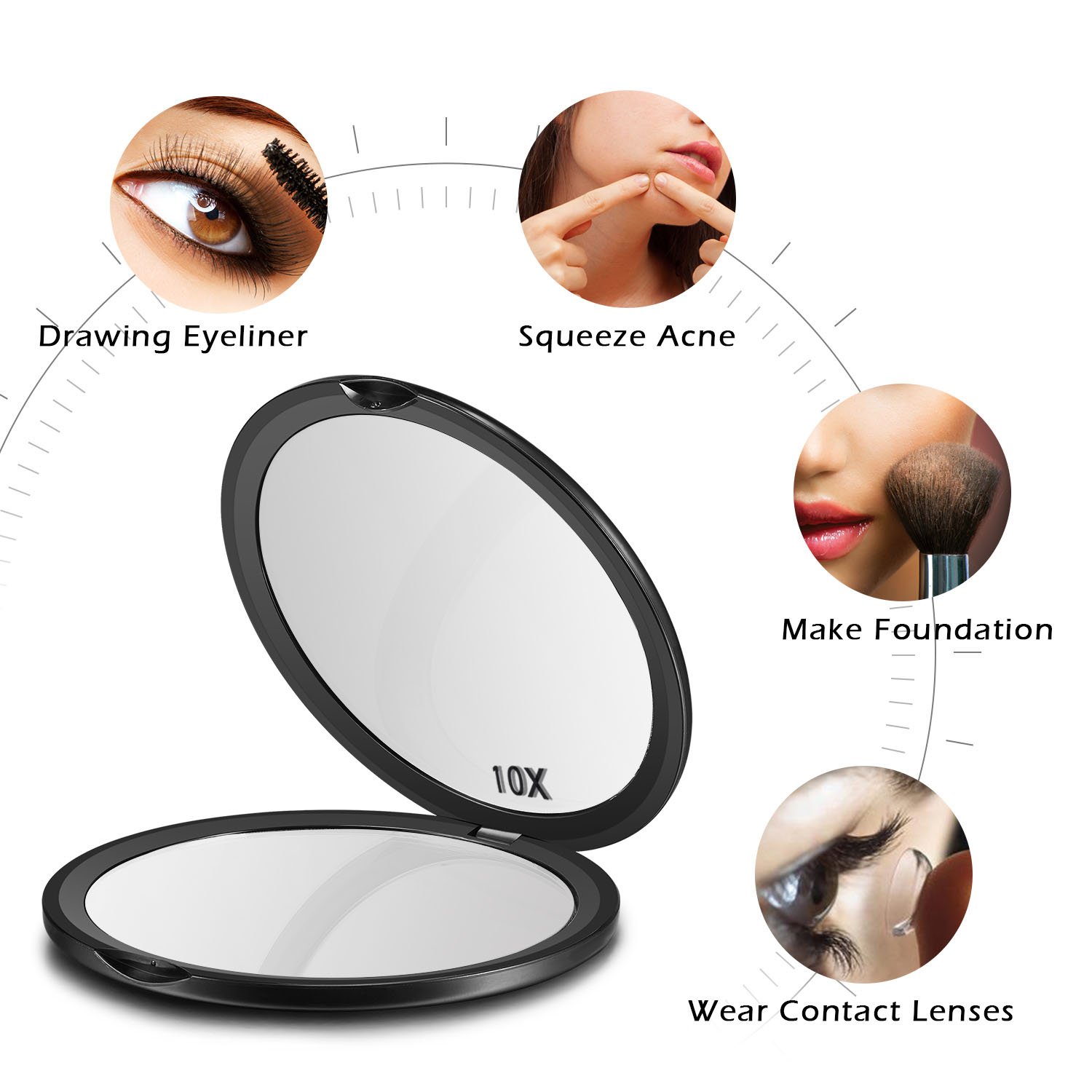 [Gifts for New Year] HAMSWAN Compact Makeup Mirror Pocket Mirror Portable Foldable Double Sided Mirrors with 10 x Magnification for Wedding Birthday Anniversary Gift and Travel (Black)