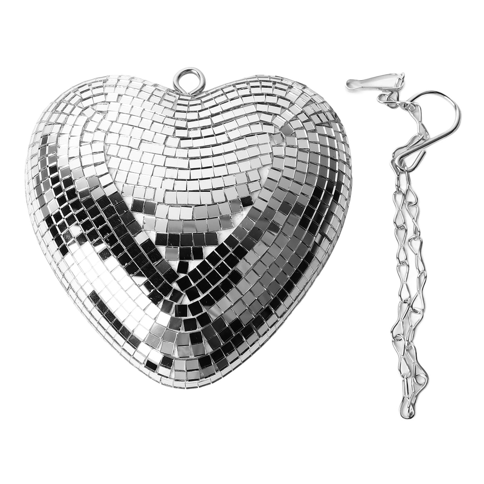 Heart Shaped Mirror Ball, Reflective Mirror Ball Ornament Mirror Disco Ball Decor with Hook Chain for Party KTV Bar (Silver)