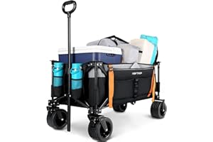 HEYTRIP Collapsible Wagon Beach Wagon Cart Heavy Duty with Big Wheels for Sand, Utility Wagon with 200L Capacity & 286LBS Load-Bearing, Side Pocket and Brakes for Shopping Camping Garden