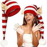 SolarGlory Christmas Knitted Elf Hats with Ears for Adults Long Santa Hat Crochet Red and White Striped Elf Beanie Christmas Costume Accessories Eve Party Celebrations