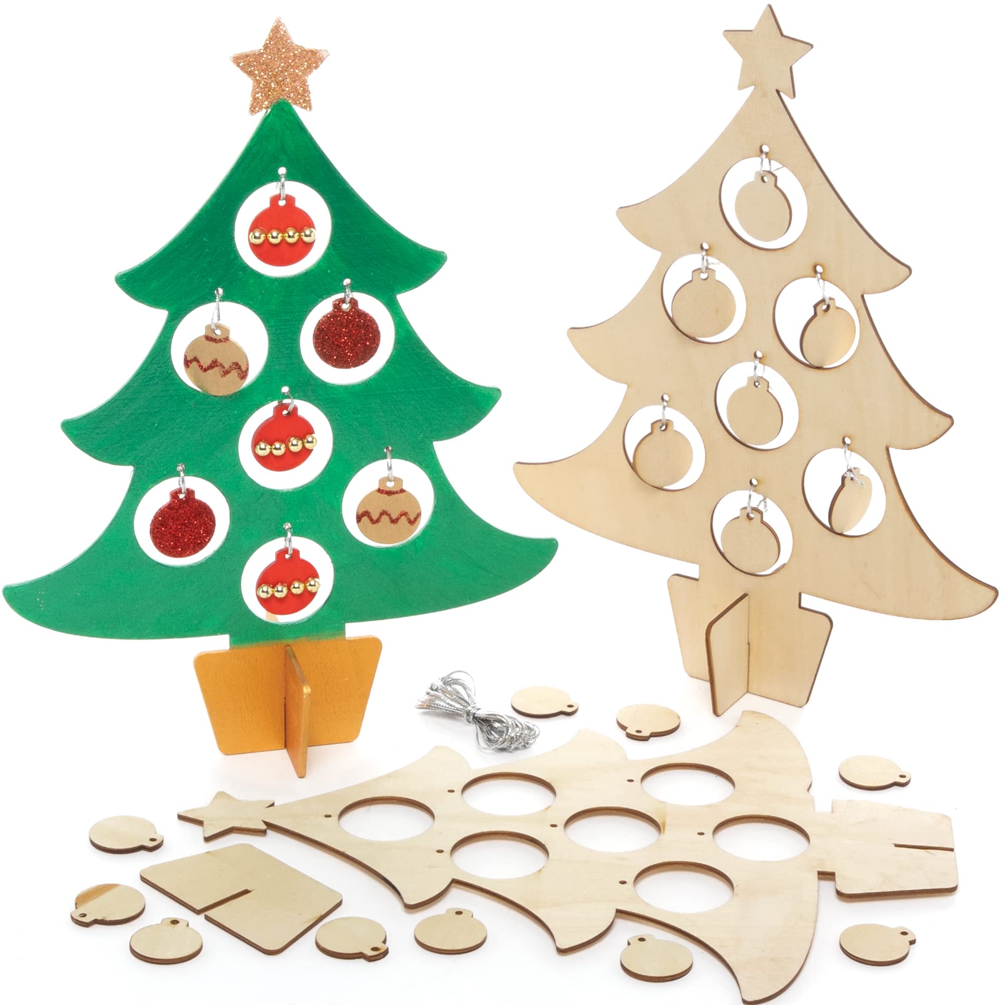 Baker Ross FE904 Christmas Tree Wooden Decoration Kits - Pack of 2, Wooden Crafts for Children to Decorate and Display, Make Your Own Christmas Decorations
