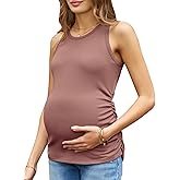 Women's Maternity Tank Tops Summer Sleeveless Crew Neck Ribbed Knit Slim Fitted Blouse Side Ruched Pregnancy Shirts